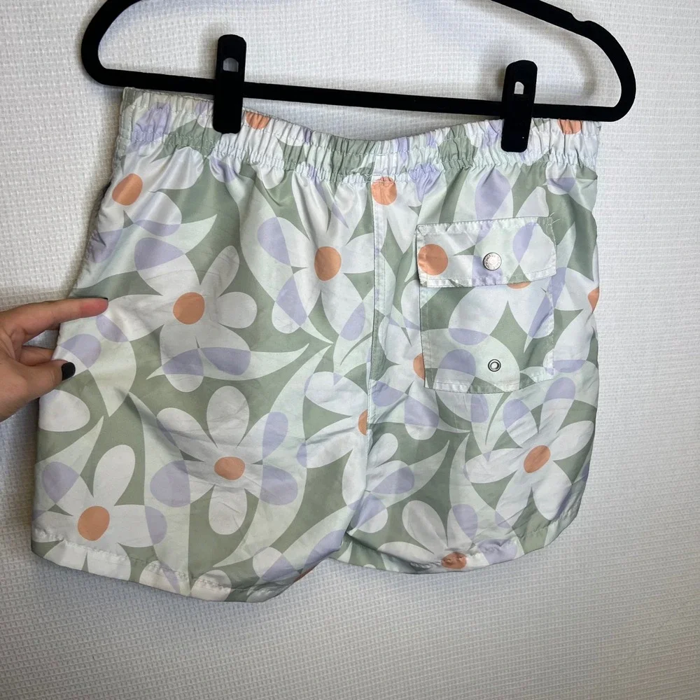 Bather Mens Floral Swim Trunks Green Purple Peach Retro Board Shorts Size Medium